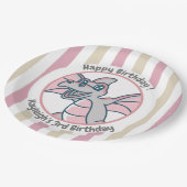 ピンクタンストライプ誕生日とピンクドラゴンディノ ペーパープレート (アングル)