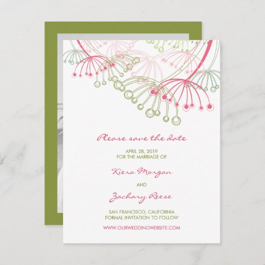 ピンクタンポポ花の春日付カードを保存 セーブザデート (正面/裏面)