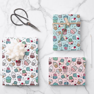 ピンクターコイズかわいいカップケーキパターン ラッピングペーパーシート