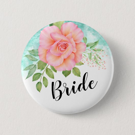 ピンクターコイズグラデーションフローラウォーター色バラ花嫁 缶バッジ (正面)