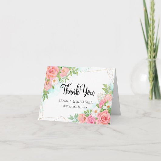 ピンクターコイズグラデーションフローラブーケ結婚バラ サンキューカード (正面)