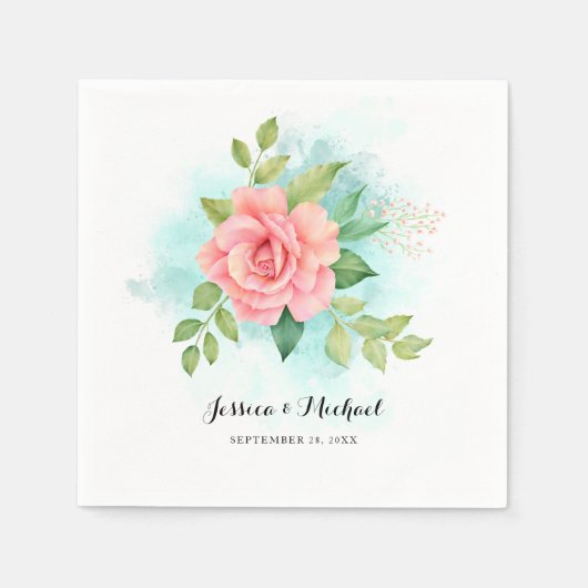 ピンクターコイズグラデーションフローラブーケ結婚バラ スタンダードカクテルナプキン (正面)