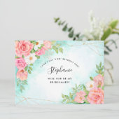 ピンクターコイズグラデーションフローラブーケ花嫁 招待状 (スタンド正面)