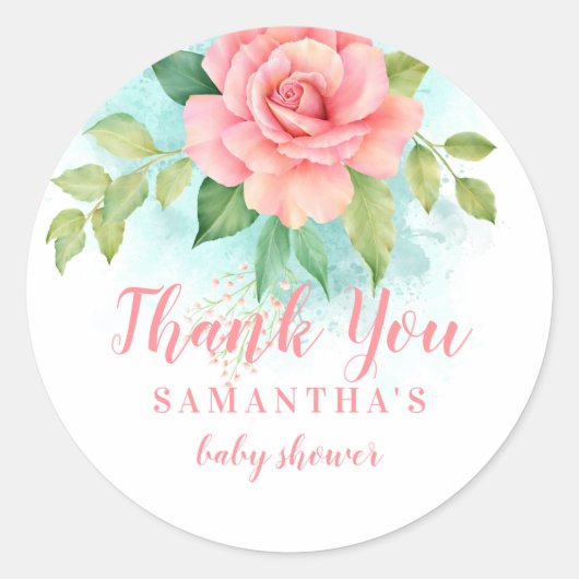 ピンクターコイズグラデーション水彩バラ有難う ラウンドシール (正面)