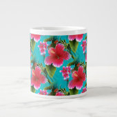 ピンクターコイズハワイアンハイビスカスフラワーパターン ジャンボコーヒーマグカップ (正面)