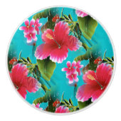 ピンクターコイズハワイアンハイビスカスフラワーパターン セラミックノブ (正面)