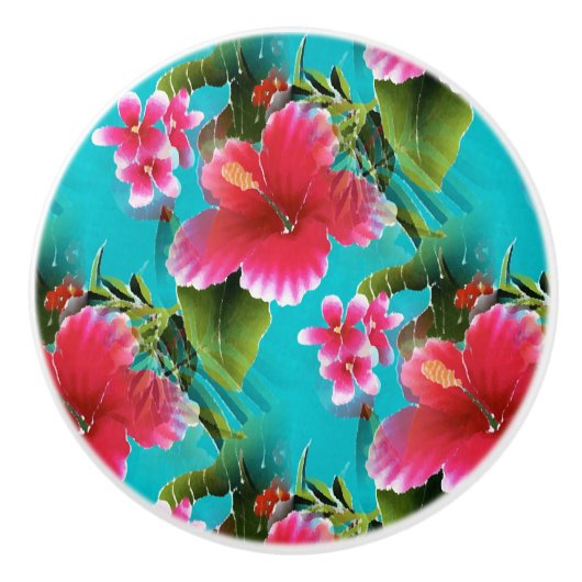 ピンクターコイズハワイアンハイビスカスフラワーパターン セラミックノブ (正面)