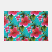 ピンクターコイズハワイアンハイビスカスフラワーパターン ドアマット (正面)