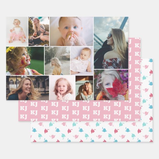 ピンクターコイズフォトコラージュモノグラム卒業生 ラッピングペーパーシート (セット)