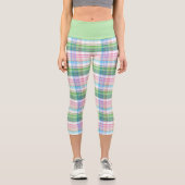 ピンクターコイズブルーライムグリーンプレイドタータンチェックチェック カプリレギンス (正面)