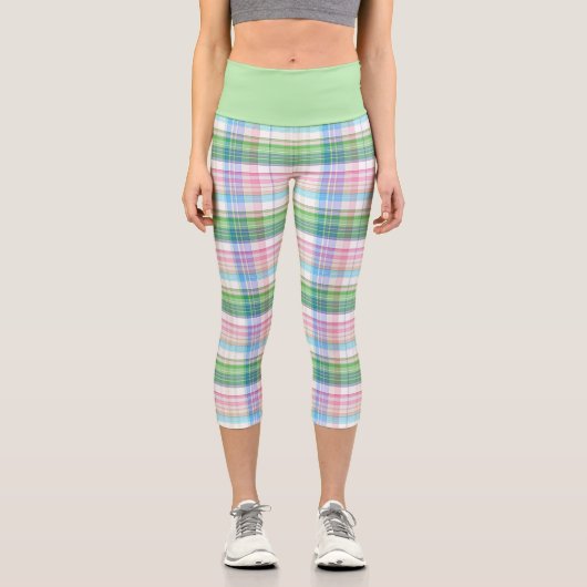 ピンクターコイズブルーライムグリーンプレイドタータンチェックチェック カプリレギンス (正面)