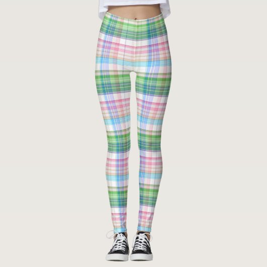 ピンクターコイズブルーライムグリーンプレイドタータンチェックチェック レギンス (正面)