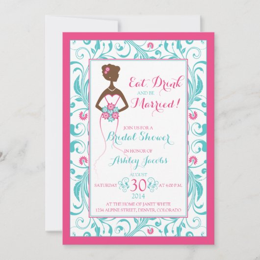 ピンクターコイズブ食べリッドリンクブライダルシャワー 招待状 (正面)