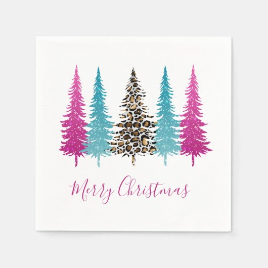 ピンクターコイズモダンアニマルプリントクリスマス スタンダードカクテルナプキン (正面)