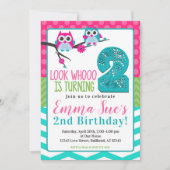 ピンクターコイズ＆グリーンのサマーオウル 2歳の誕生日 招待状 (正面)