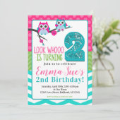 ピンクターコイズ＆グリーンのサマーオウル 2歳の誕生日 招待状 (スタンド正面)