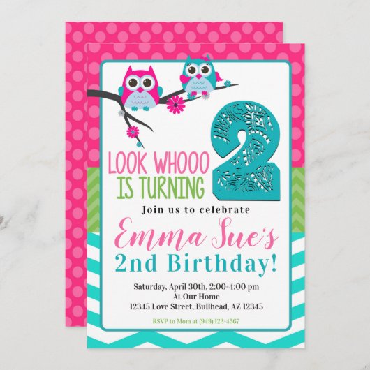 ピンクターコイズ＆グリーンのサマーオウル 2歳の誕生日 招待状 (正面/裏面)