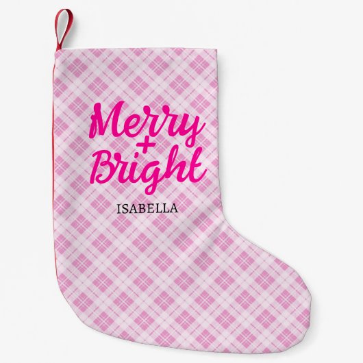 ピンクタータンチェックメリークリスマスブライト名前をカスタムする スモールクリスマスストッキング (正面)