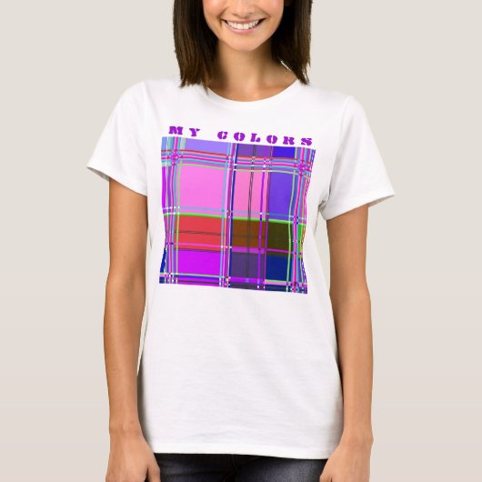 ピンクタータン生地 パターン クロス マドラス Tシャツ (正面)