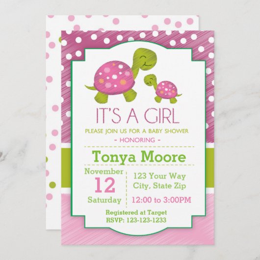 ピンクタートルベビーシャワー招待状 招待状 (正面/裏面)