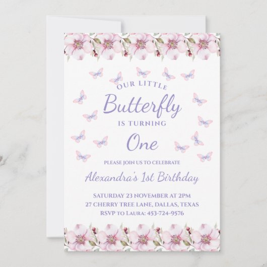 ピンクターニング1私たちの小さな蝶1歳の誕生日 招待状 (正面)