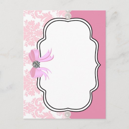 ピンクダイアモンズアンドパールダマスク招待状 インビテーションポストカード (正面)