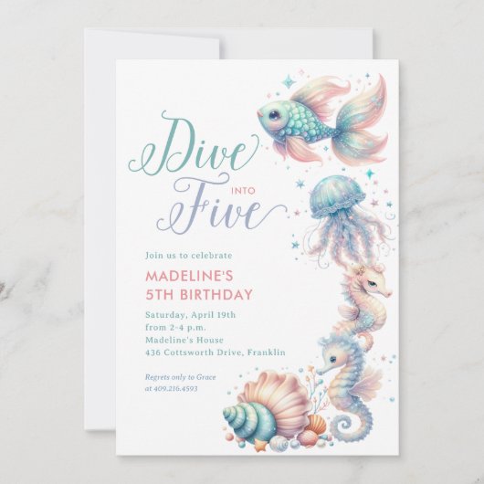 ピンクダイブインファイブマーメイド5誕生日 招待状 (正面)