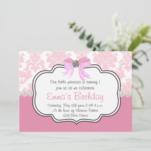 ピンクダイヤモンドとパールのダマスク招待状 招待状 (スタンド正面)