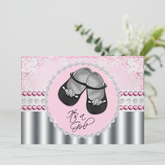 ピンクダイヤモンドと真珠のベビーシャワー 招待状 (スタンド正面)