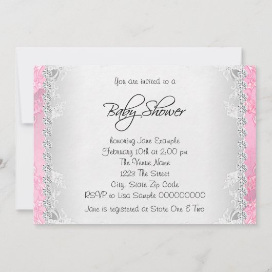 ピンクダイヤモンドと真珠のベビーシャワー 招待状 (裏面)