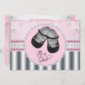 ピンクダイヤモンドと真珠のベビーシャワー 招待状 (正面/裏面)