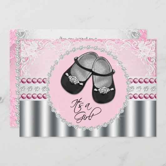 ピンクダイヤモンドと真珠のベビーシャワー 招待状 (正面/裏面)