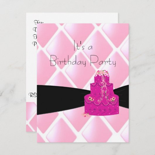 ピンクダイヤモンドアンドケーキ誕生日招待状 招待状 (正面/裏面)