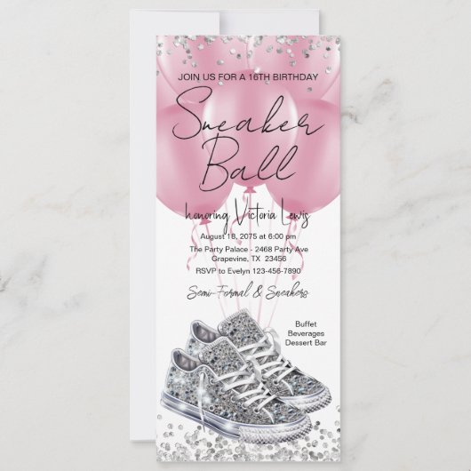 ピンクダイヤモンドスニーカーボール誕生日パーティー電話 招待状 (正面)