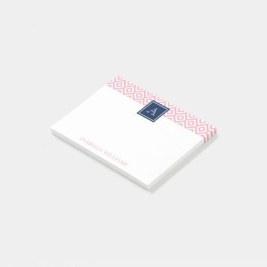 ピンクダイヤモンドパターンとネービーモノグラム ポストイット (アングル)