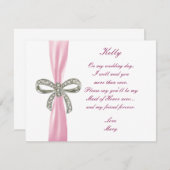 ピンクダイヤモンドボウ結婚のメイド・オブ・オーナー(花嫁付き添い人)カード 招待状 (正面/裏面)