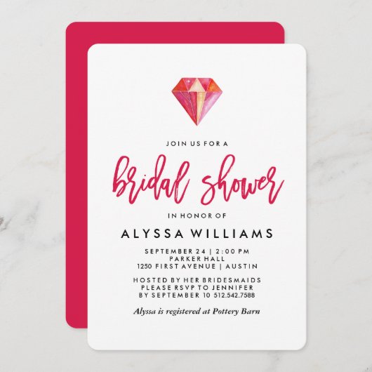 ピンクダイヤモンド|水彩宝石ブライダルシャワー 招待状 (正面/裏面)