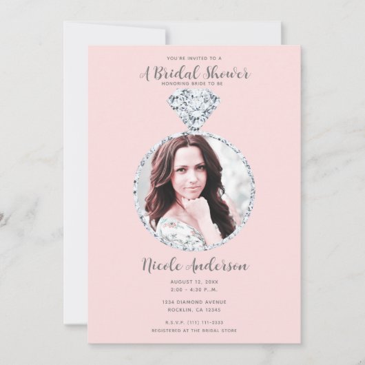 ピンクダイヤ結婚モンドのきらきら光るリングや輪ブライダルシャワー 招待状 (正面)