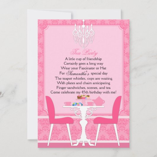 ピンクダエレガントマスク誕生日ティーパーティー 招待状 (正面)