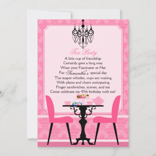 ピンクダエレガントマスク誕生日ティーパーティー 招待状 (正面)
