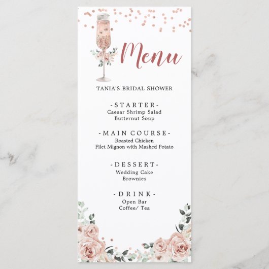 ピンクダスティバラ花びらとプロセッコブライダルシャワー メニュー (正面)