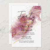 ピンクダスティバラ金ゴールドアルコール40th誕生日パーティー 招待状 (正面/裏面)