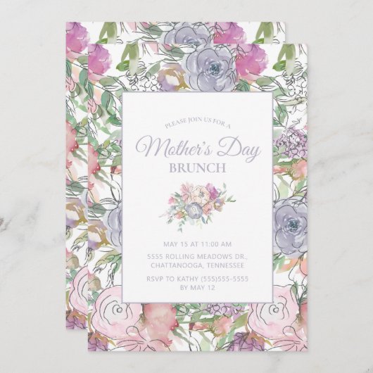 ピンクダスティブルーハンドスケッチフローラ母の日 招待状 (正面/裏面)