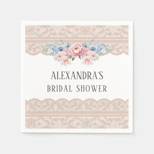 ピンクダスティブルーフローラヴィンテージレースブライダルシャワー スタンダードカクテルナプキン (正面)