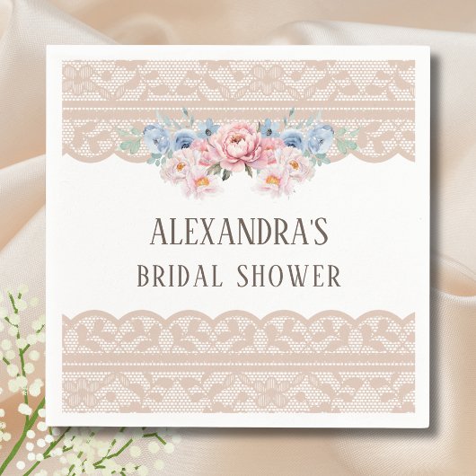 ピンクダスティブルーフローラヴィンテージレースブライダルシャワー スタンダードカクテルナプキン