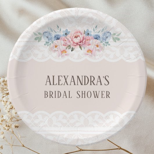 ピンクダスティブルーフローラヴィンテージレースブライダルシャワー ペーパープレート