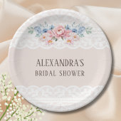 ピンクダスティブルーフローラヴィンテージレースブライダルシャワー ペーパープレート