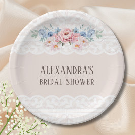 ピンクダスティブルーフローラヴィンテージレースブライダルシャワー ペーパープレート