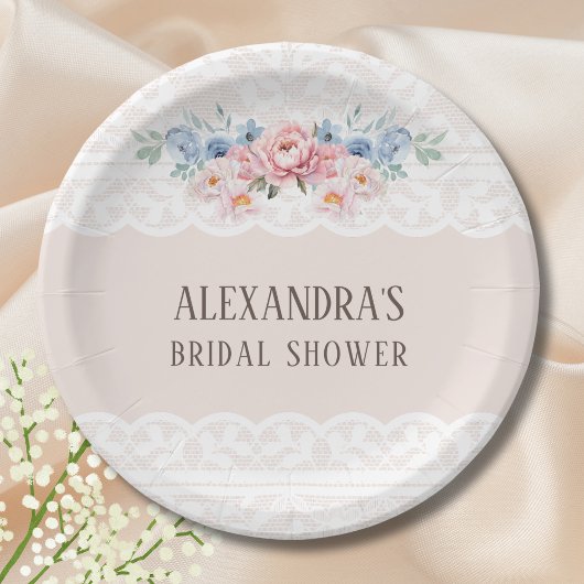 ピンクダスティブルーフローラヴィンテージレースブライダルシャワー ペーパープレート