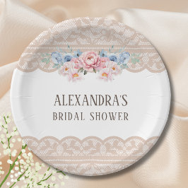ピンクダスティブルーフローラヴィンテージレースブライダルシャワー ペーパープレート